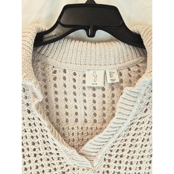 Joie Cropped Crochet Knit Polo Sweater Ivory V-Neck Open Weave Long Sleeve L - Picture 2 of 7